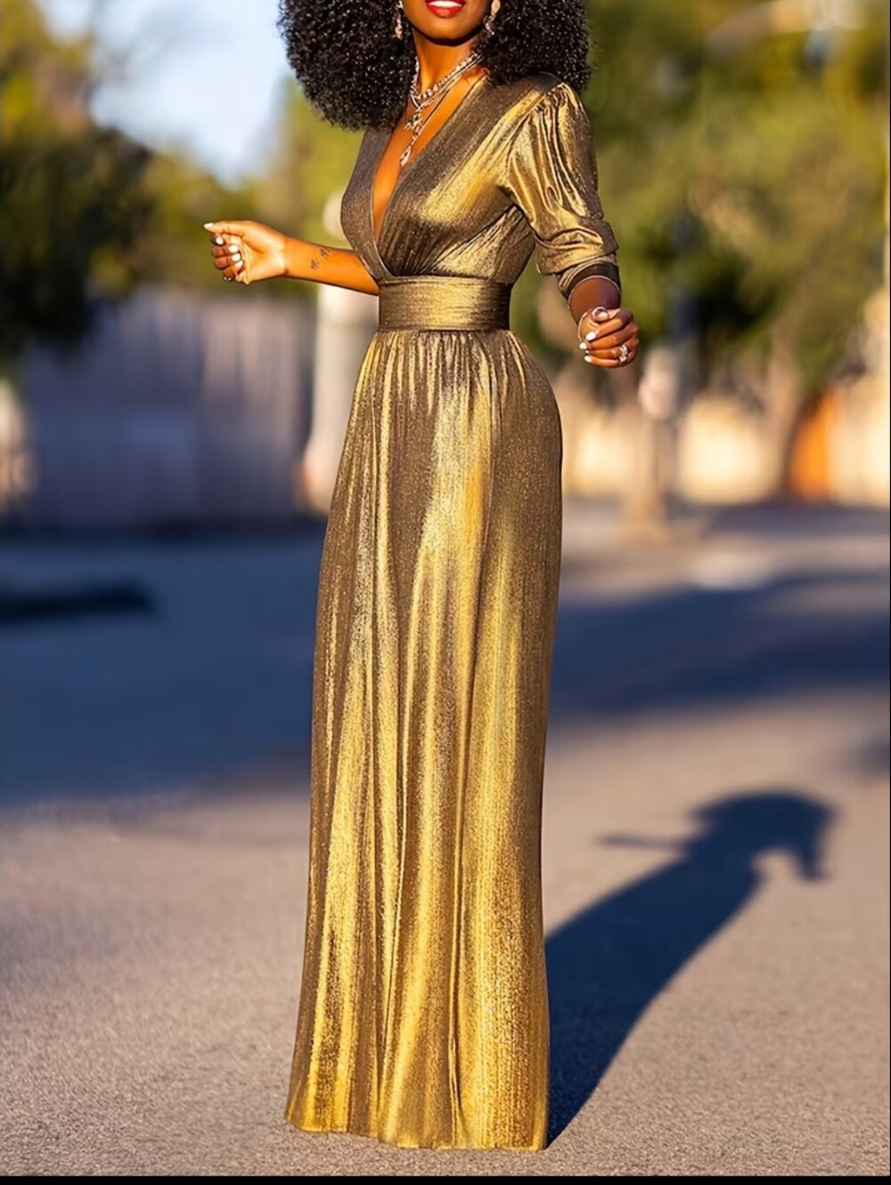 Women's Shiny Deep High Waist Wide- Jumpsuit - Elegant Three-Quarter Sleeve Body - Picture 4 of 8